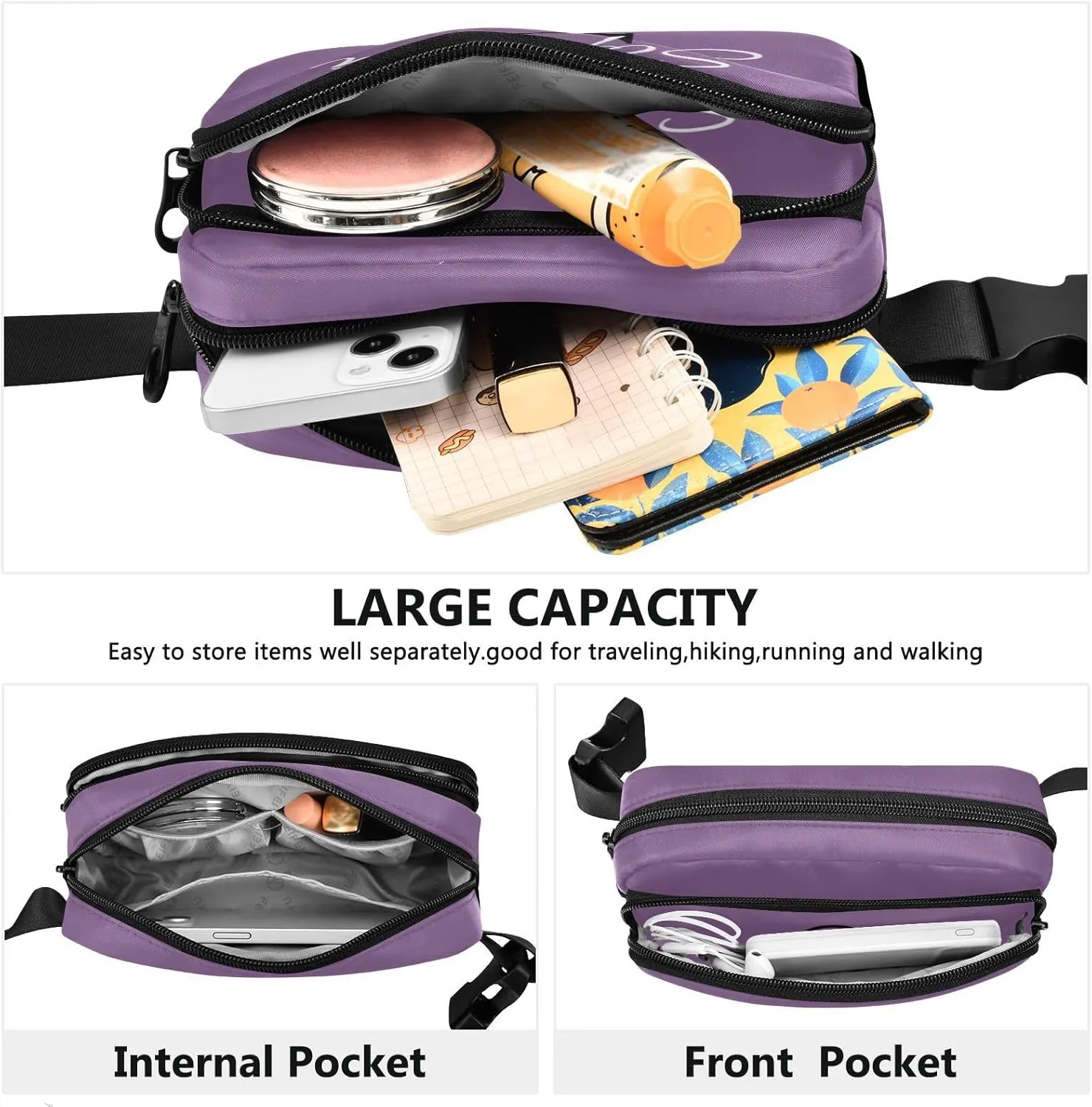 Custom Purple Fanny Pack for Women Men Personalizied Belt Bag Crossbody Waist Pouch Waterproof Everywhere Purse Fashion Sling Bag for Jogging
