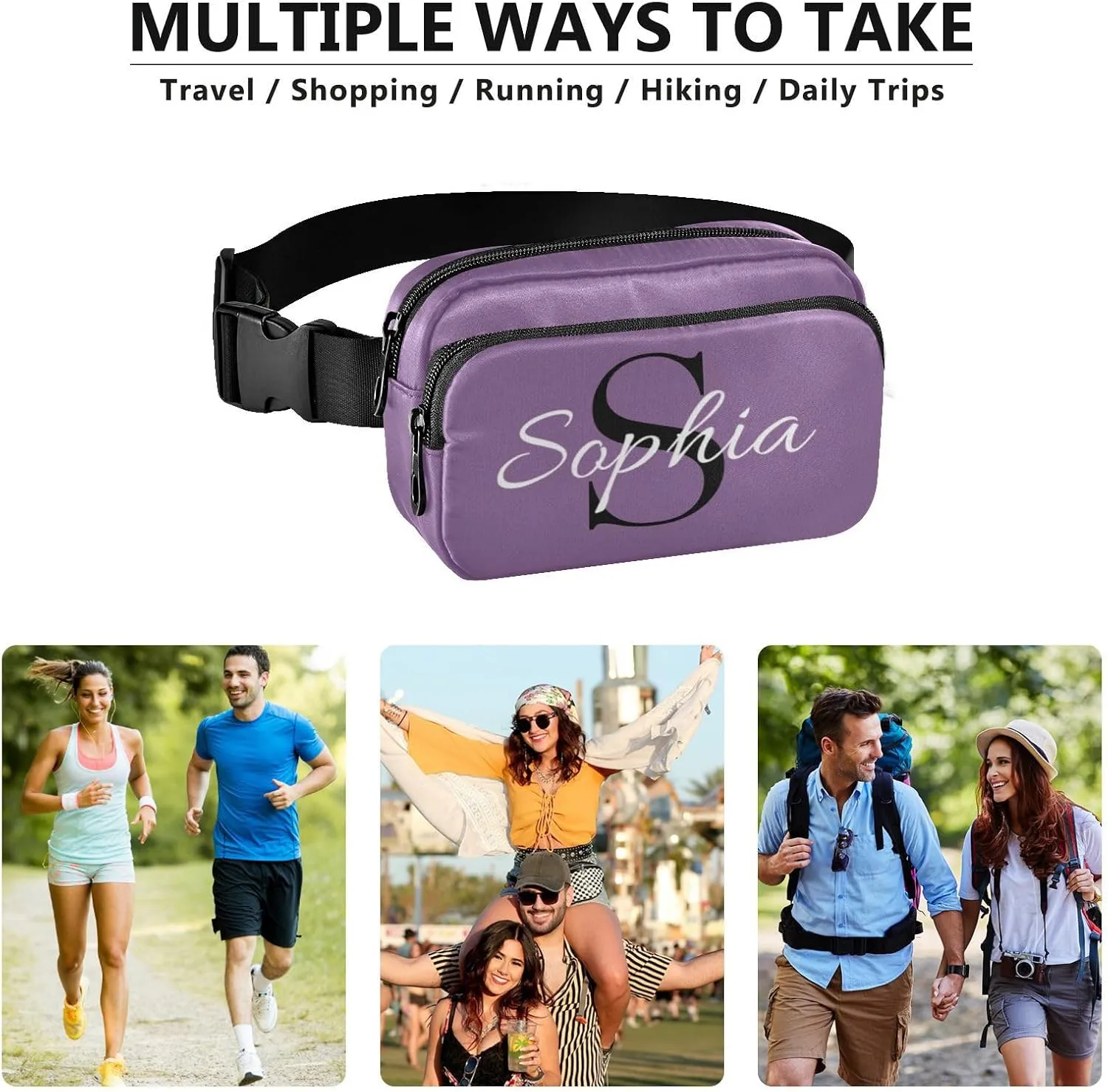 Custom Purple Fanny Pack for Women Men Personalizied Belt Bag Crossbody Waist Pouch Waterproof Everywhere Purse Fashion Sling Bag for Jogging