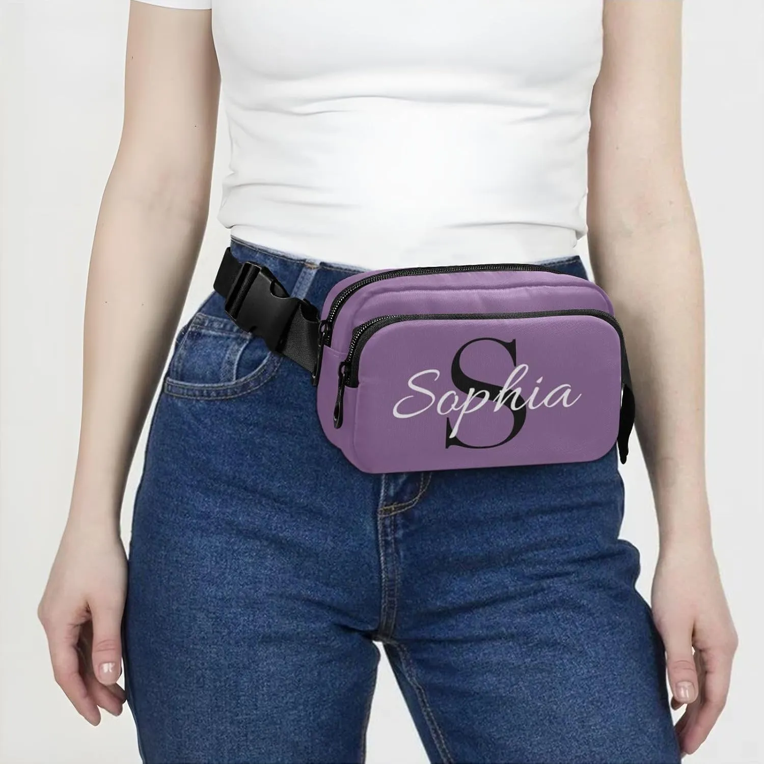 Custom Purple Fanny Pack for Women Men Personalizied Belt Bag Crossbody Waist Pouch Waterproof Everywhere Purse Fashion Sling Bag for Jogging
