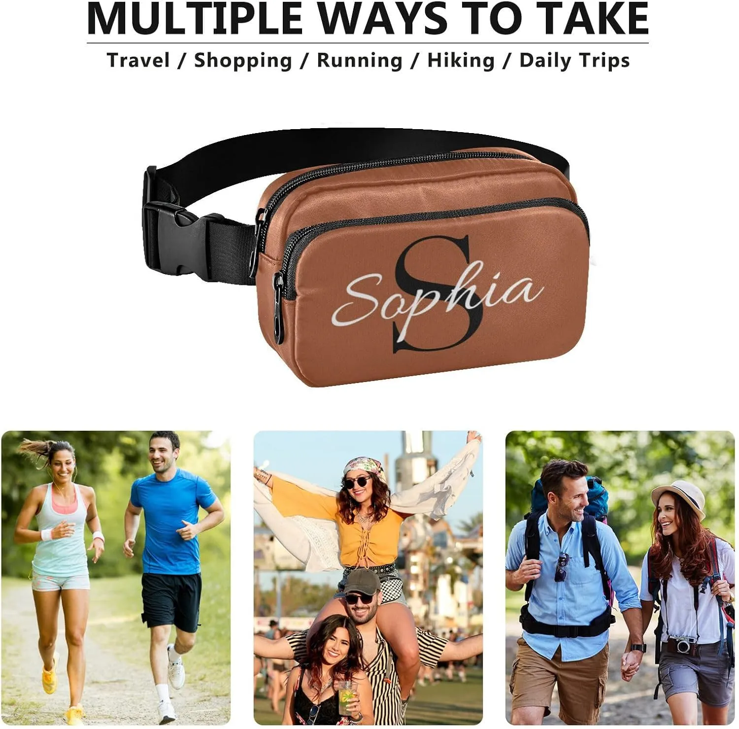 Custom Sienna Fanny Pack for Women Men Personalizied Belt Bag Crossbody Waist Pouch Waterproof Everywhere Purse Fashion Sling Bag for Running Walking