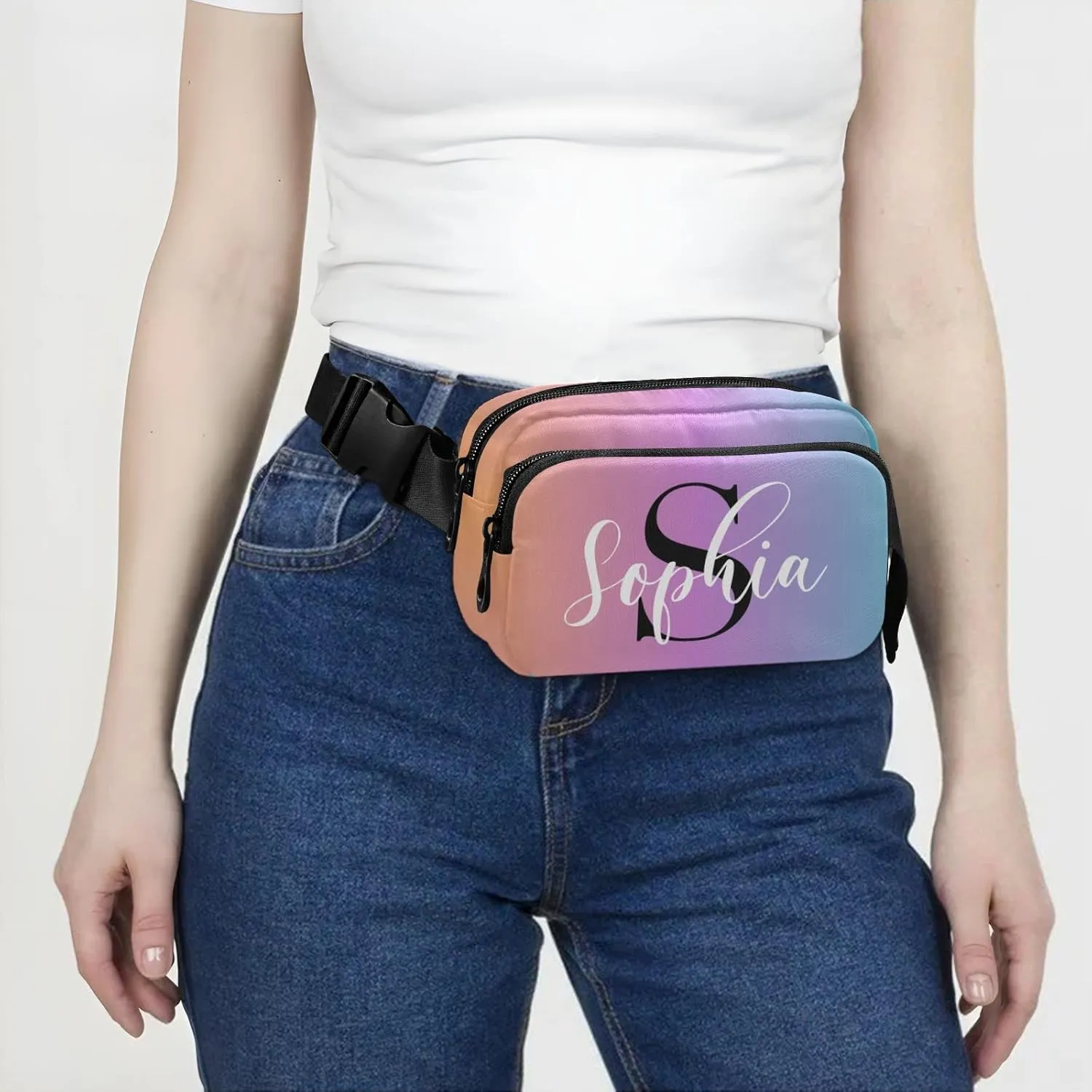 Custom Yellow Blue Gradient Fanny Pack for Women Men Personalizied Belt Bag Crossbody Waist Pouch Waterproof Everywhere Purse Fashion Sling Bag for Running Hiking Walking Travel