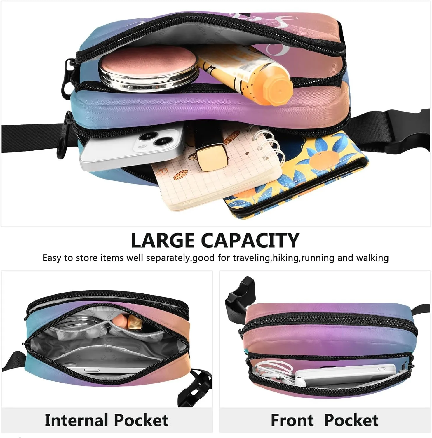 Custom Yellow Blue Gradient Fanny Pack for Women Men Personalizied Belt Bag Crossbody Waist Pouch Waterproof Everywhere Purse Fashion Sling Bag for Running Hiking Walking Travel