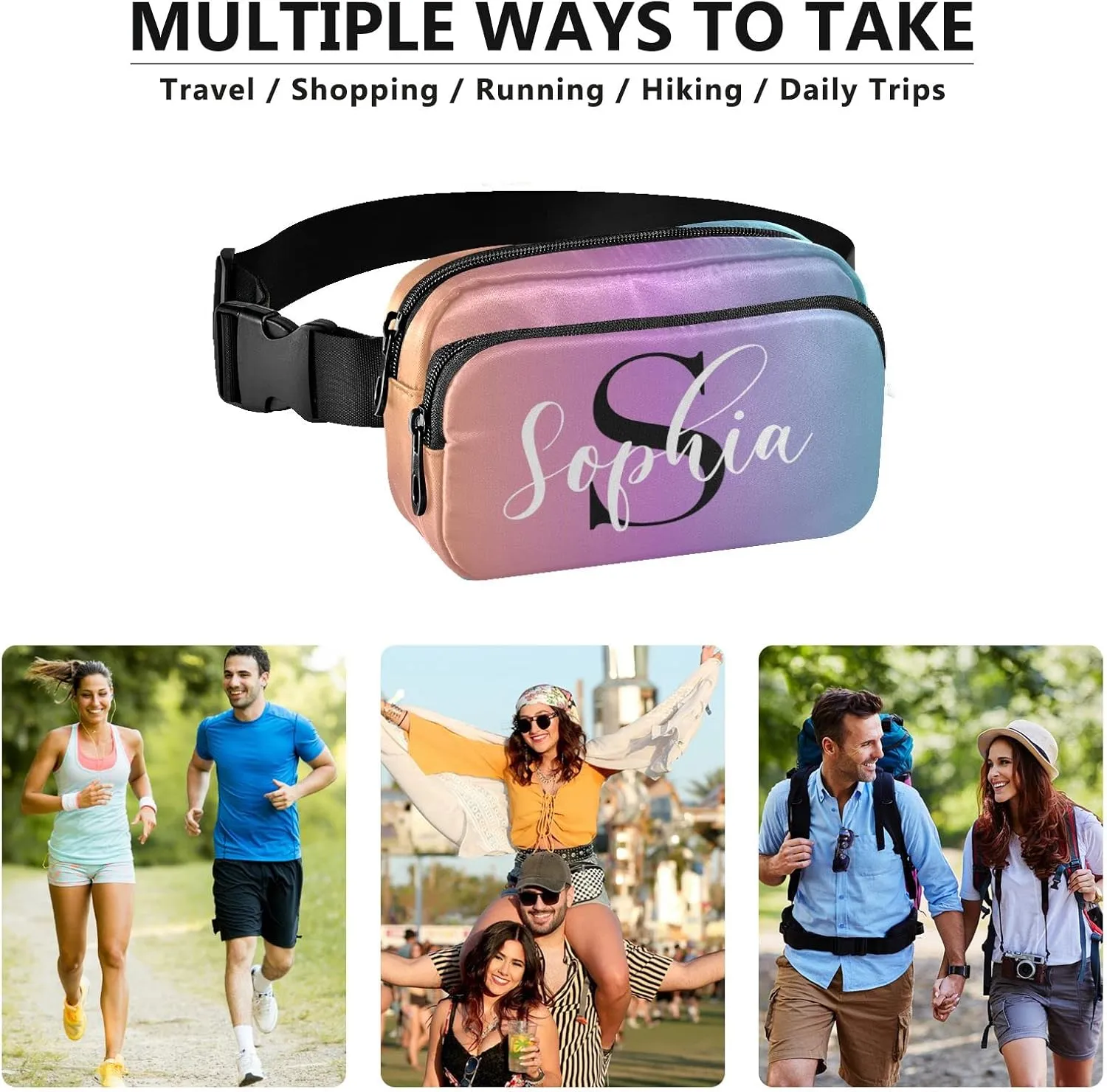 Custom Yellow Blue Gradient Fanny Pack for Women Men Personalizied Belt Bag Crossbody Waist Pouch Waterproof Everywhere Purse Fashion Sling Bag for Running Hiking Walking Travel