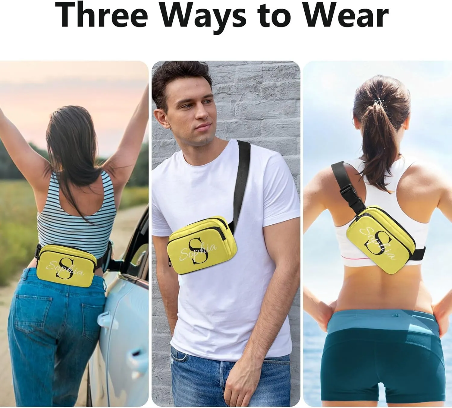 Custom Yellow Fanny Pack for Women Men Personalizied Belt Bag Crossbody Waist Pouch Waterproof Everywhere Purse Fashion Sling Bag for Running Travel