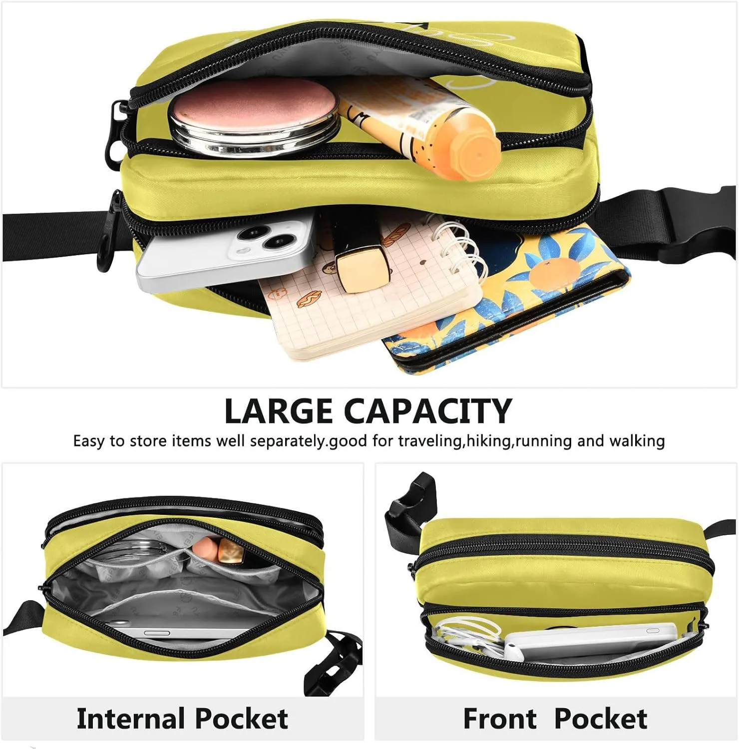 Custom Yellow Fanny Pack for Women Men Personalizied Belt Bag Crossbody Waist Pouch Waterproof Everywhere Purse Fashion Sling Bag for Running Travel