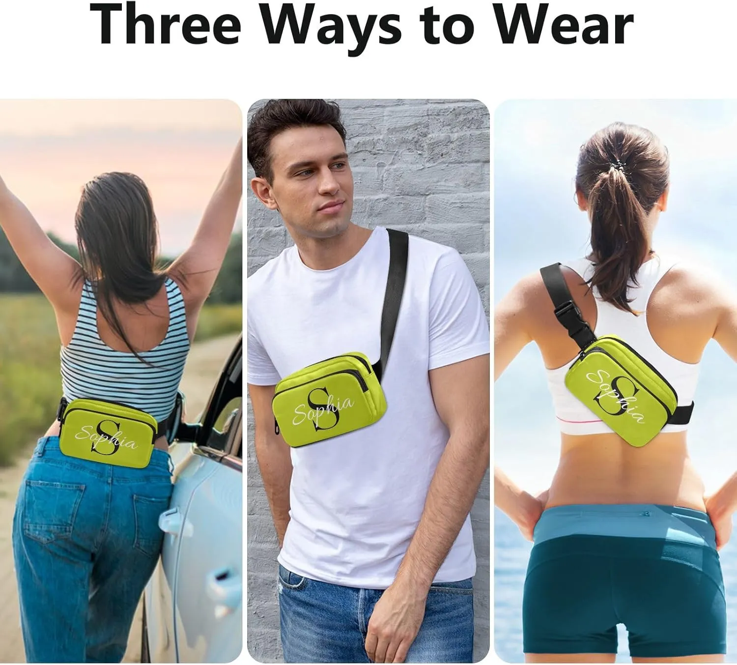 Custom Yellow Green Fanny Pack for Women Men Personalizied Belt Bag Crossbody Waist Pouch Waterproof Everywhere Purse Fashion Sling Bag for Casual Workout