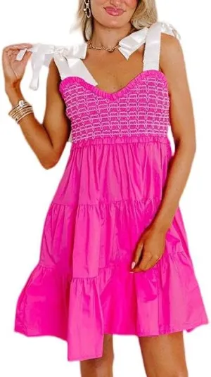 Cute Floral Mini Dresses for Women Boho Tie Shoulder Short Beach Dress Vintage Backless Tiered Flowy Ruffle Sundress