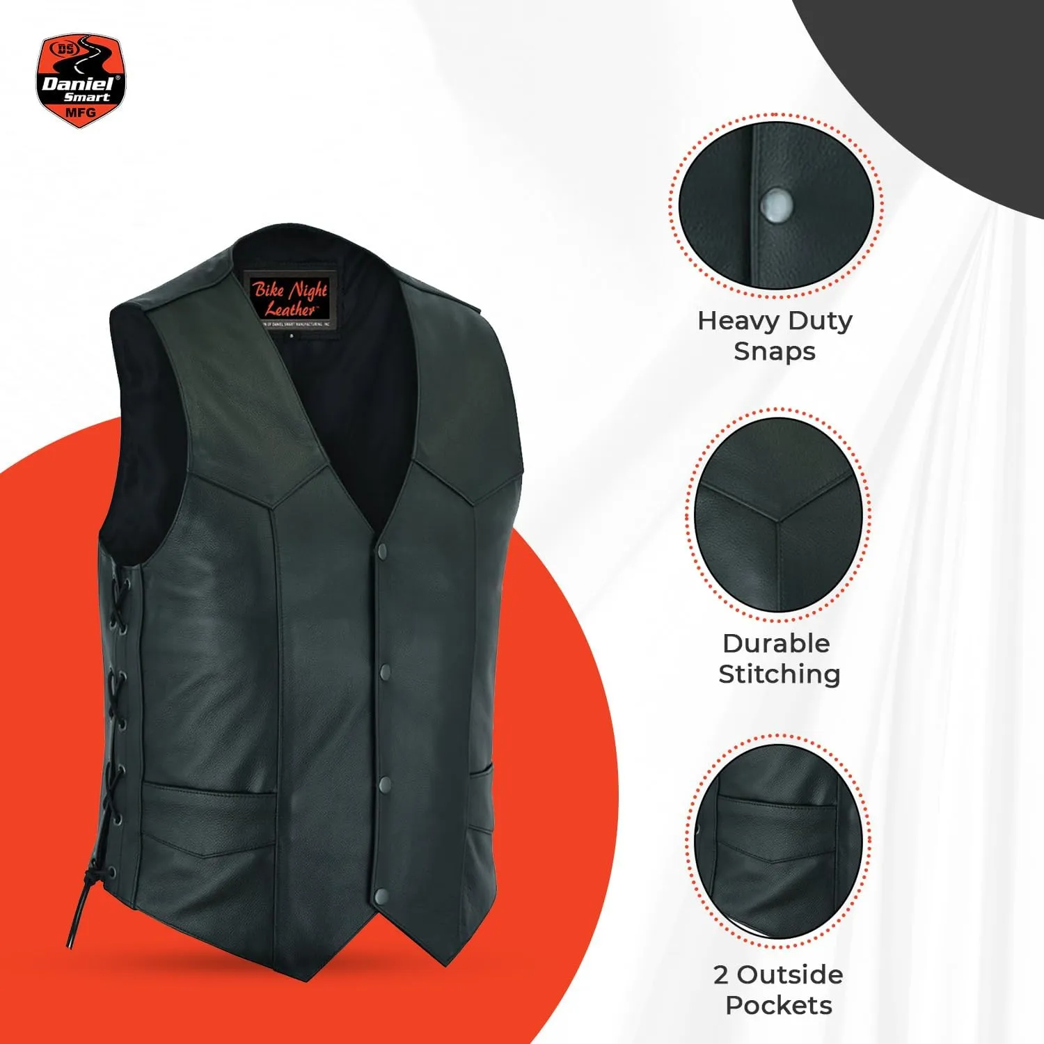 Daniel Smart Biker Vest for Men Economy Cowhide Black Motorcycle Vest with Unique V-Shaped Design and Multiple Pockets