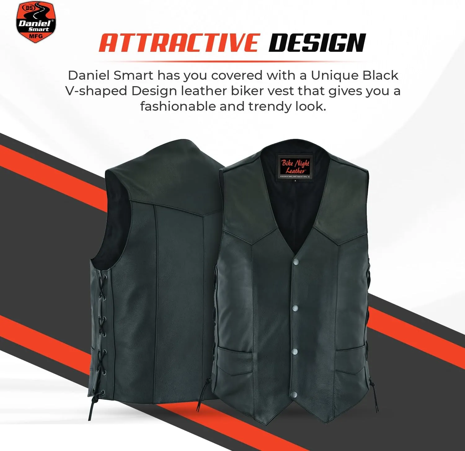 Daniel Smart Biker Vest for Men Economy Cowhide Black Motorcycle Vest with Unique V-Shaped Design and Multiple Pockets
