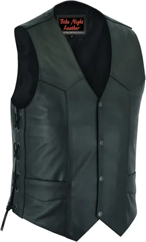 Daniel Smart Biker Vest for Men Economy Cowhide Black Motorcycle Vest with Unique V-Shaped Design and Multiple Pockets