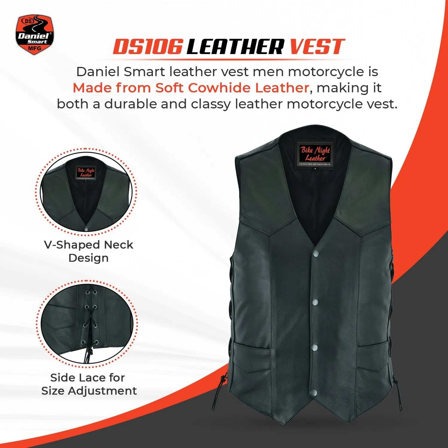 Daniel Smart Biker Vest for Men Economy Cowhide Black Motorcycle Vest with Unique V-Shaped Design and Multiple Pockets