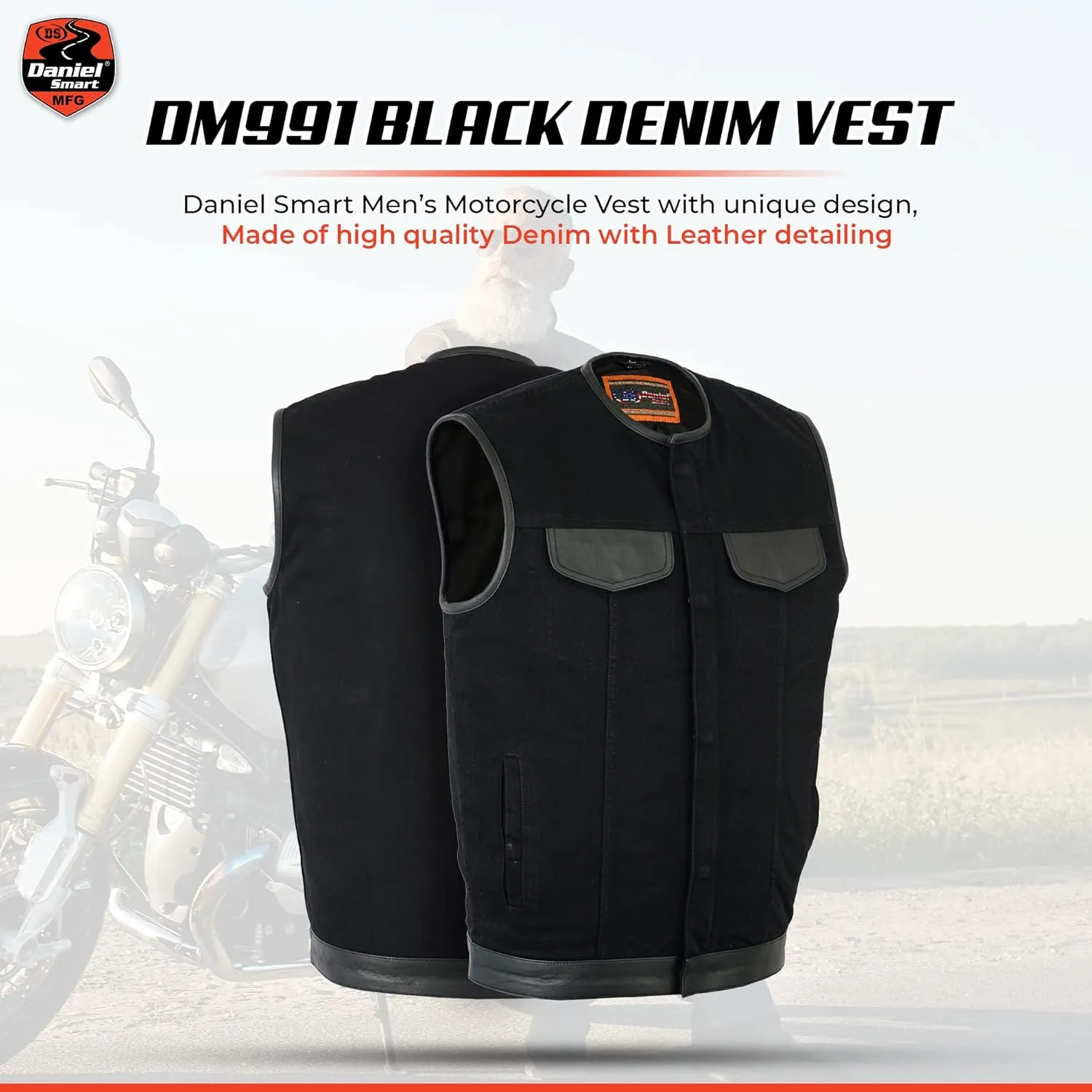 Daniel Smart Mens Vest Unique black denim vest men with Leather Detailing Motorcycle Vest with Concealment Carry Pocket