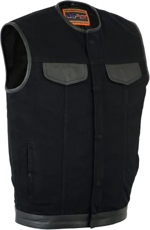 Daniel Smart Mens Vest Unique black denim vest men with Leather Detailing Motorcycle Vest with Concealment Carry Pocket