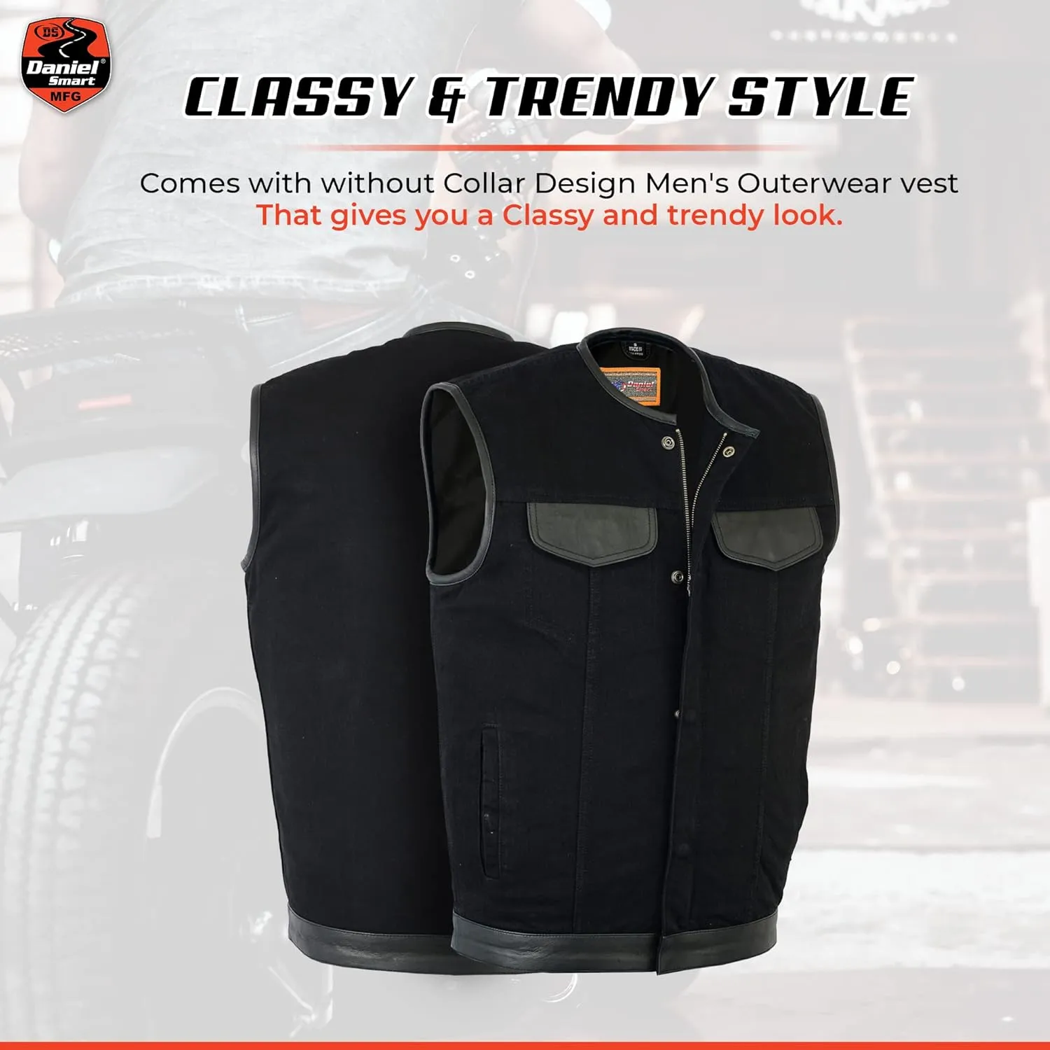 Daniel Smart Mens Vest Unique black denim vest men with Leather Detailing Motorcycle Vest with Concealment Carry Pocket