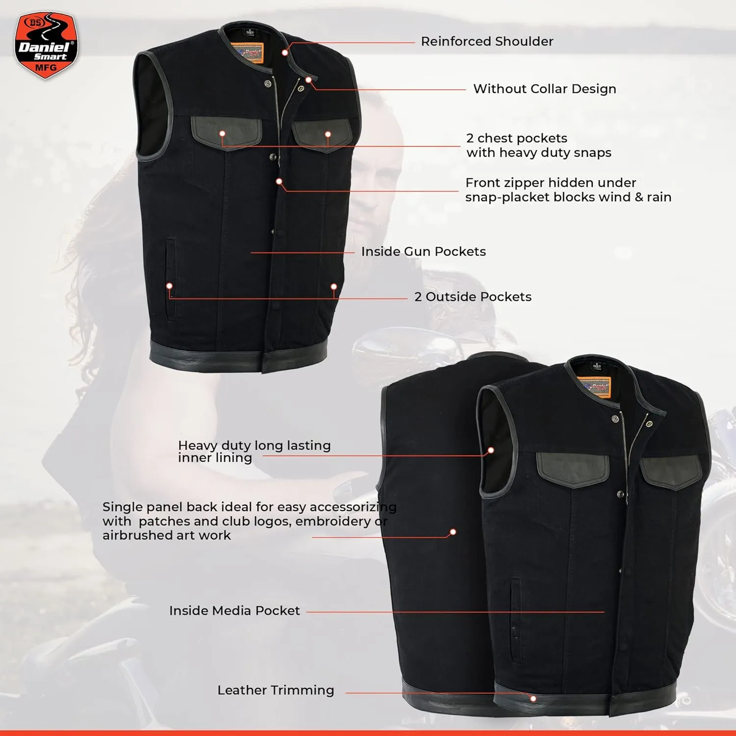 Daniel Smart Mens Vest Unique black denim vest men with Leather Detailing Motorcycle Vest with Concealment Carry Pocket