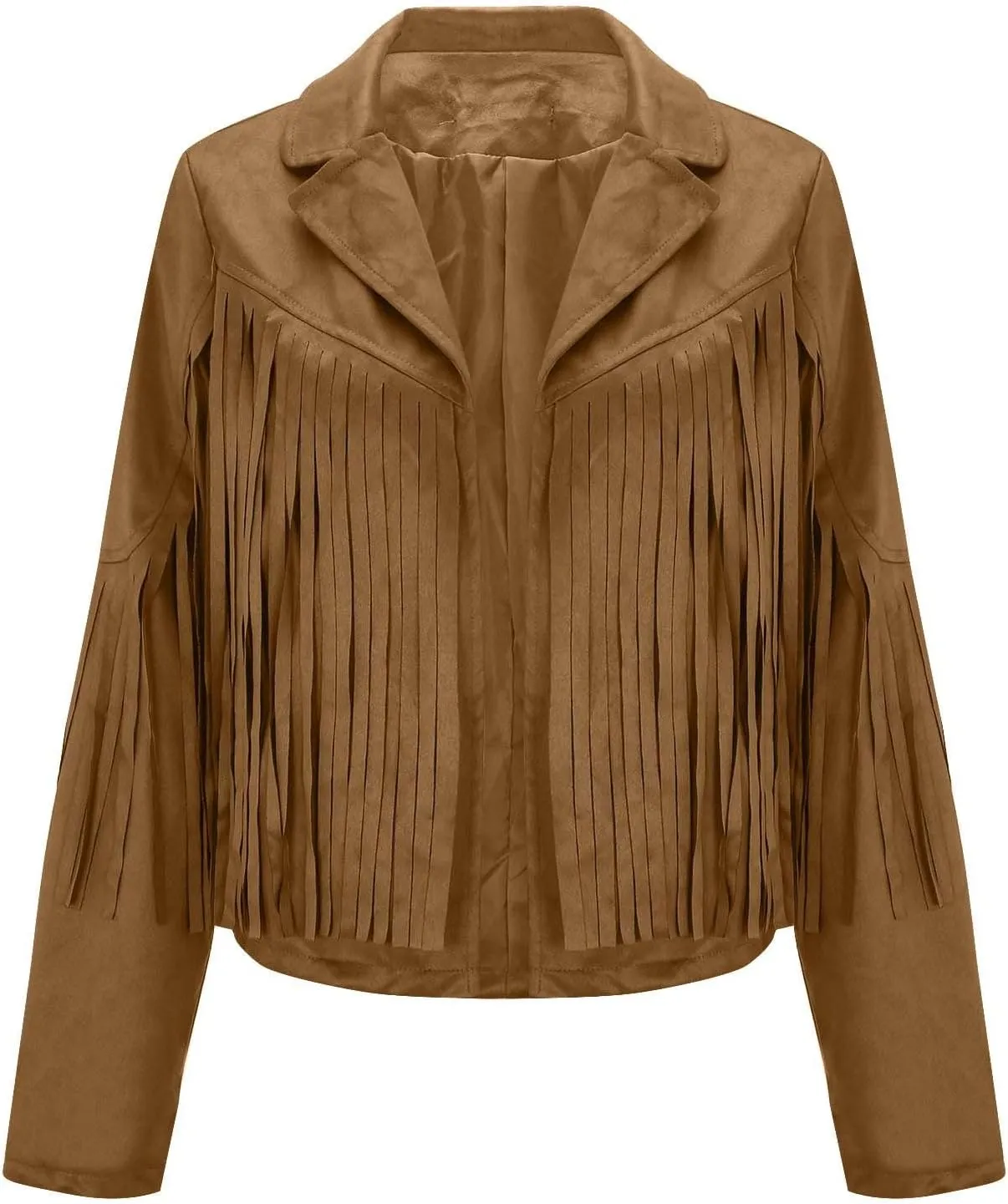 DASAYO Women's Casual Leather Fringed Jacket Long Sleeve Faux Leather PU Coat Cowboy Style Notch Lapel Tassel Outwear