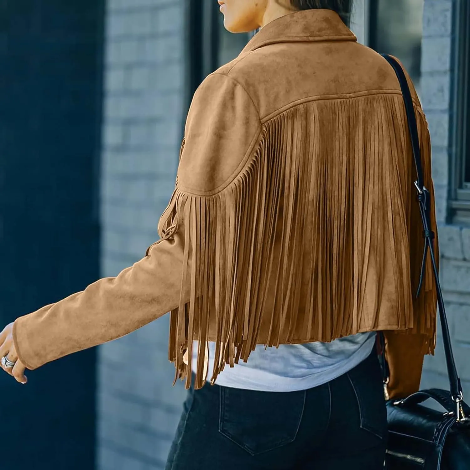DASAYO Women's Casual Leather Fringed Jacket Long Sleeve Faux Leather PU Coat Cowboy Style Notch Lapel Tassel Outwear