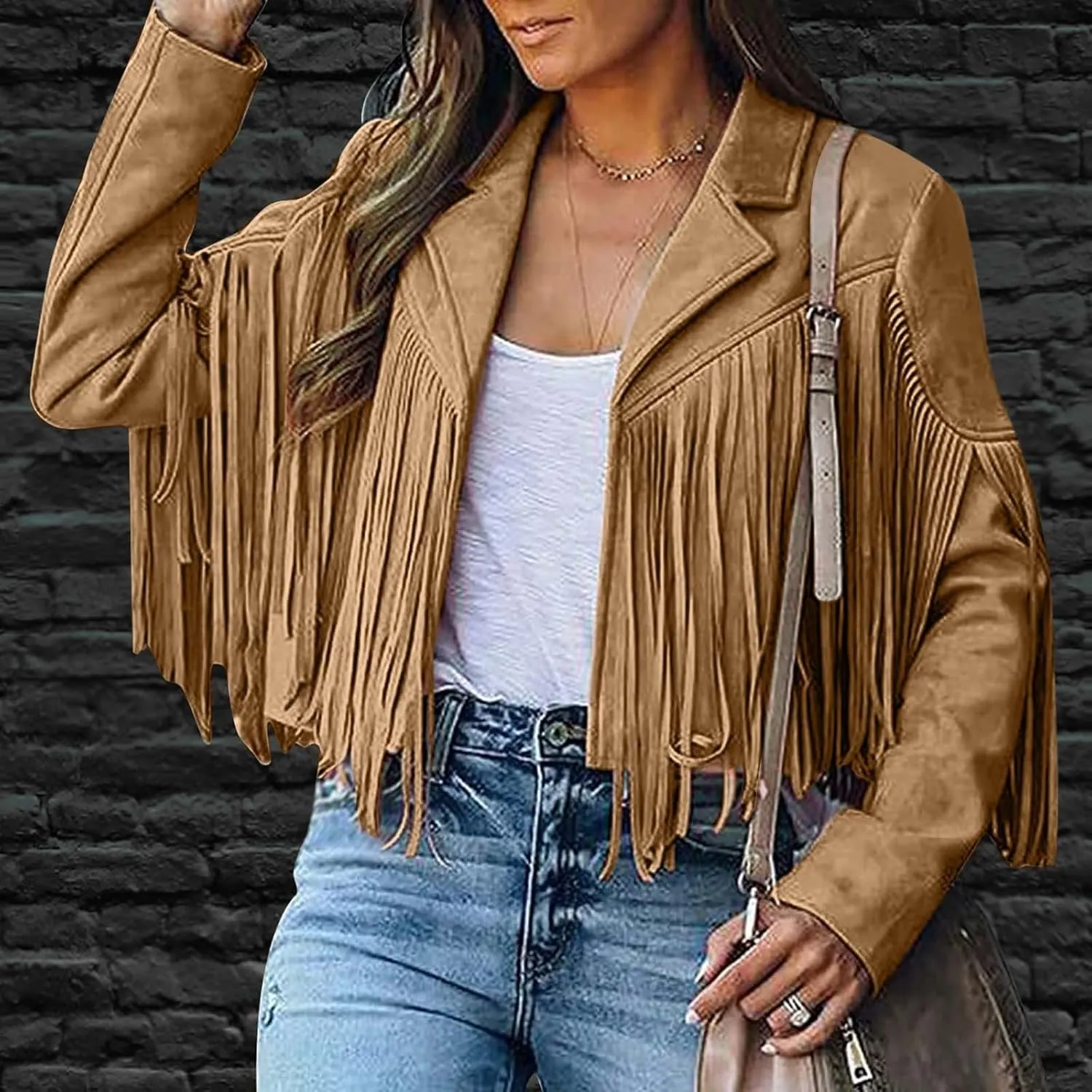 DASAYO Women's Casual Leather Fringed Jacket Long Sleeve Faux Leather PU Coat Cowboy Style Notch Lapel Tassel Outwear