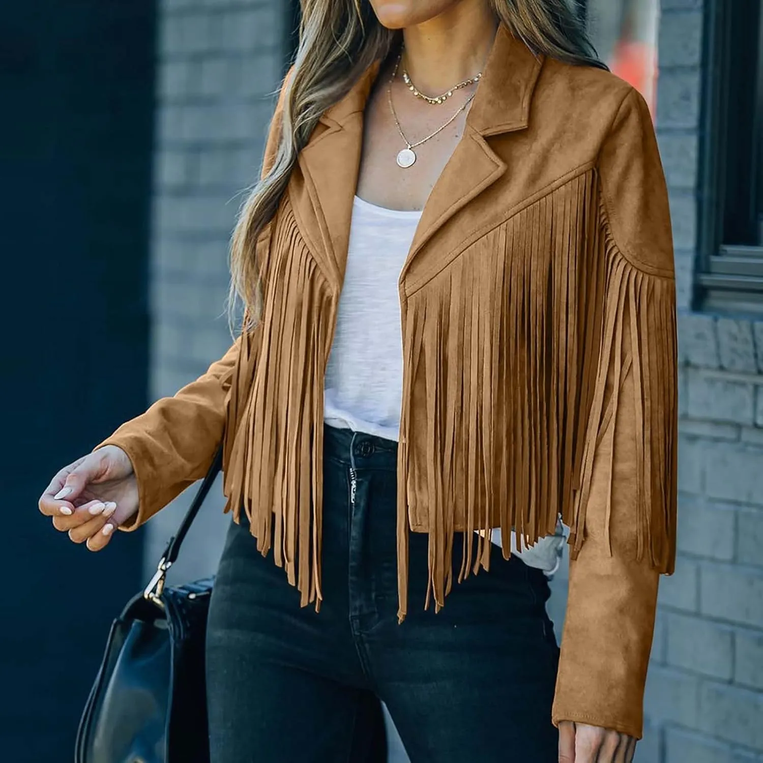 DASAYO Women's Casual Leather Fringed Jacket Long Sleeve Faux Leather PU Coat Cowboy Style Notch Lapel Tassel Outwear