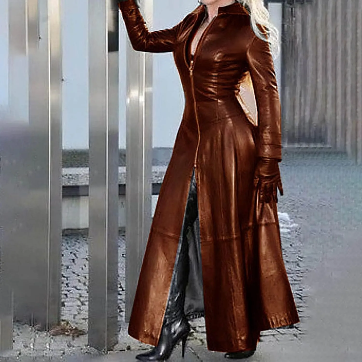 DDAPJ pyju Womens Faux Pu Leather Long Jacket Dress Full Zipper Trench Coat Motorcycle Jackets Lapel Long Sleeve Overcoat