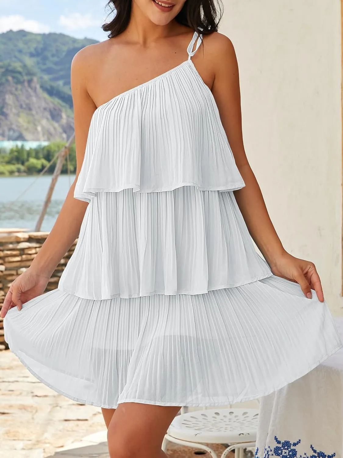 DEEP SELF Women's Summer One Shoulder Ruffle Mini Dress Casual Tiered Chiffon Pleated Flowy Short Dresses