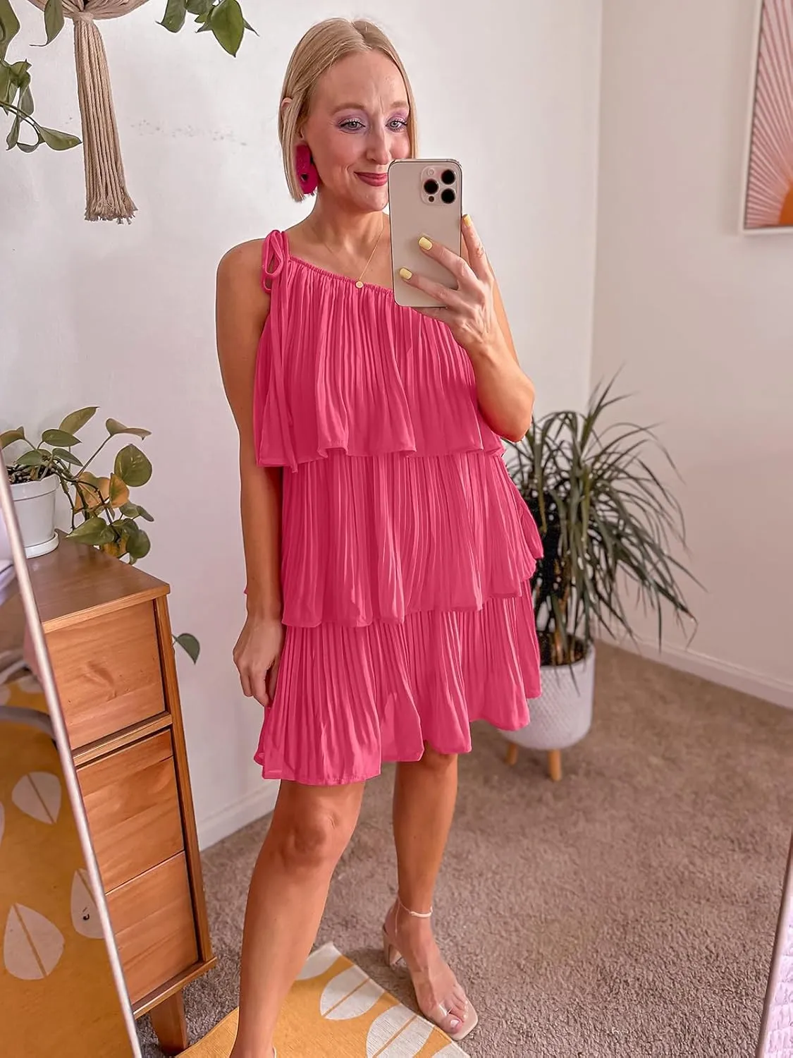 DEEP SELF Women's Summer One Shoulder Ruffle Mini Dress Casual Tiered Chiffon Pleated Flowy Short Dresses