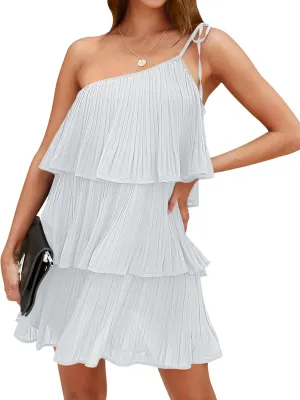DEEP SELF Women's Summer One Shoulder Ruffle Mini Dress Casual Tiered Chiffon Pleated Flowy Short Dresses