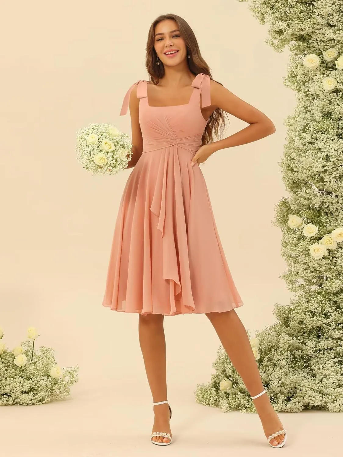 Dessiny Womens Short Bridesmaid Dresses 2025 Square Neck Ruched A Line Chiffon Formal Cocktail Dress DE422
