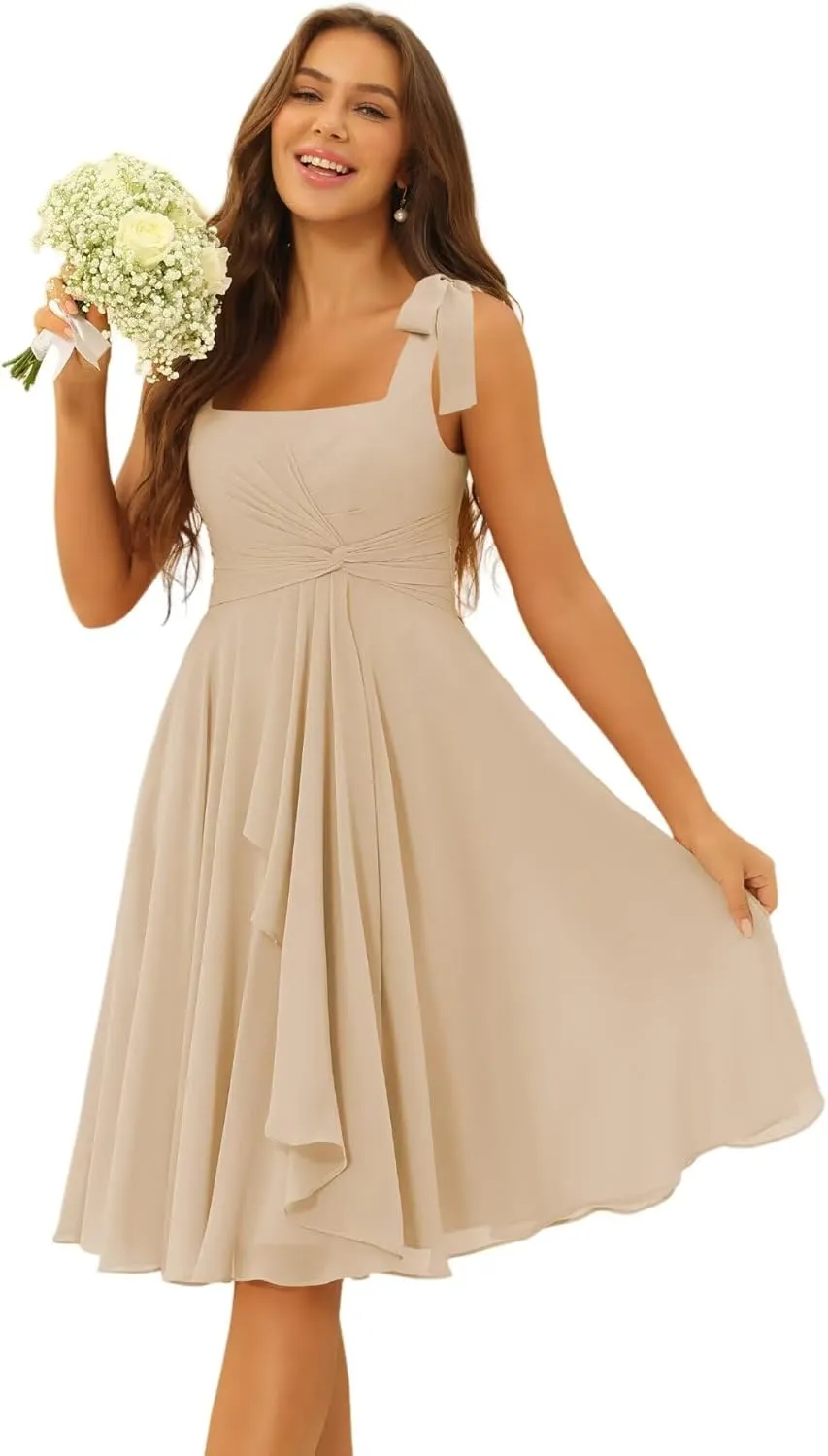 Dessiny Womens Short Bridesmaid Dresses 2025 Square Neck Ruched A Line Chiffon Formal Cocktail Dress DE422