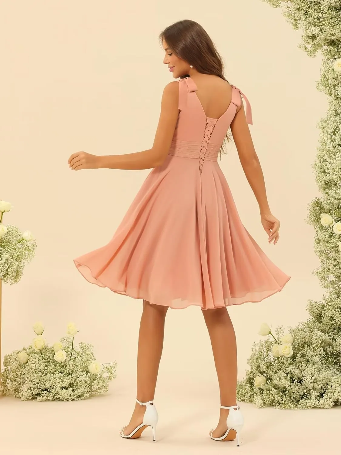 Dessiny Womens Short Bridesmaid Dresses 2025 Square Neck Ruched A Line Chiffon Formal Cocktail Dress DE422