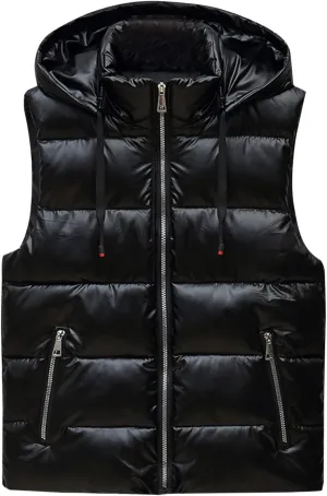 Dgoopd Puffer Vest Men Shiny Hooded Reflective Down Jacket Padded Jacket Vest Thick Quilted Puffer Coat Winter Warm Vest