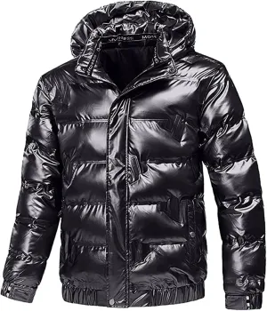 Dgoopd Winter Warm Men Puffer Coat Waterproof Lightweight Down Jacket Shiny Hooded Reflective Down Jacket Padded Jacket Coat