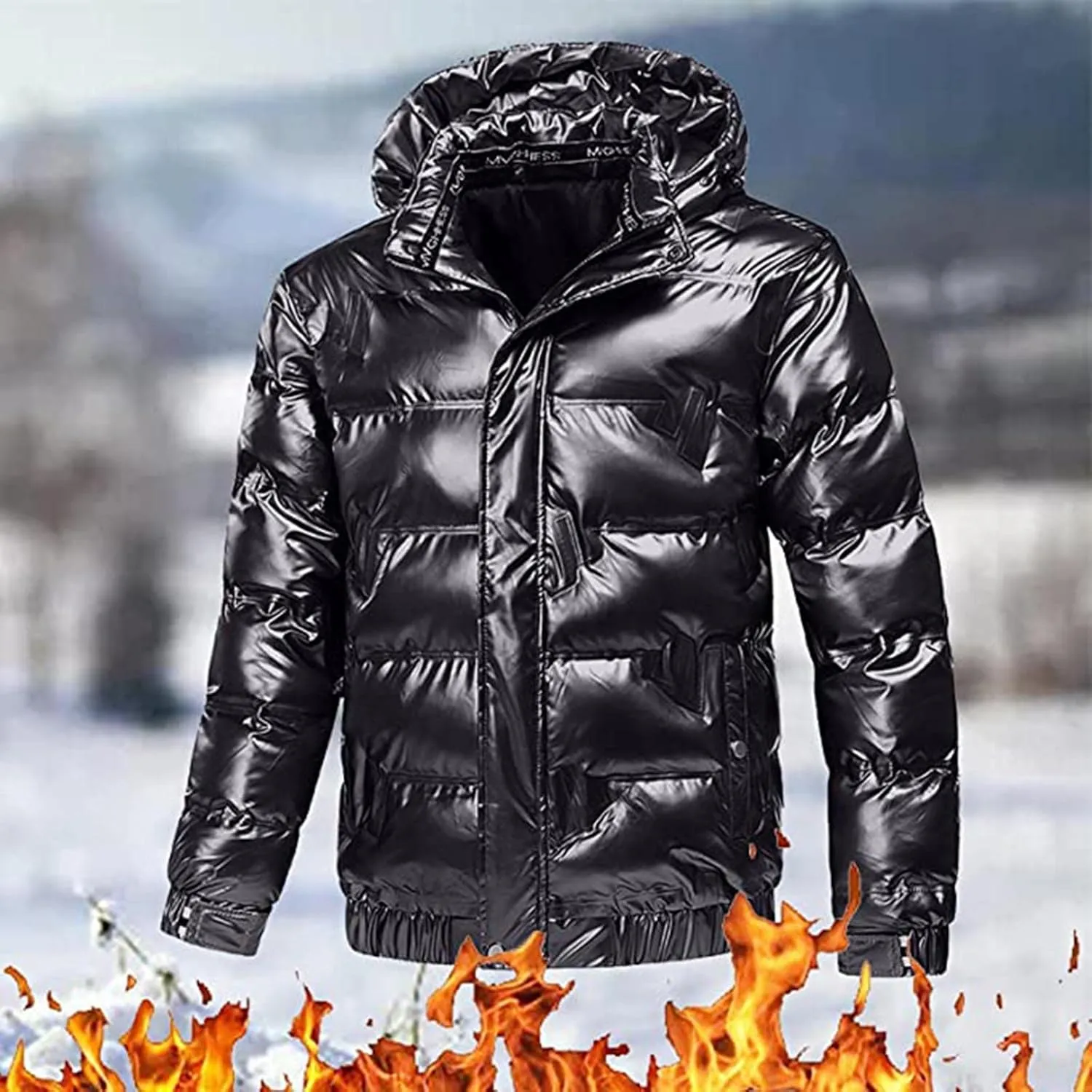 Dgoopd Winter Warm Men Puffer Coat Waterproof Lightweight Down Jacket Shiny Hooded Reflective Down Jacket Padded Jacket Coat