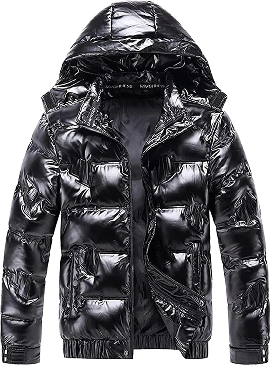 Dgoopd Winter Warm Men Puffer Coat Waterproof Lightweight Down Jacket Shiny Hooded Reflective Down Jacket Padded Jacket Coat