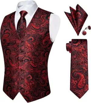 DiBanGu Mens Paisley Suit Waistcoat Silk Dress Vest and Necktie Pocket Square Cufflinks for Wedding Party