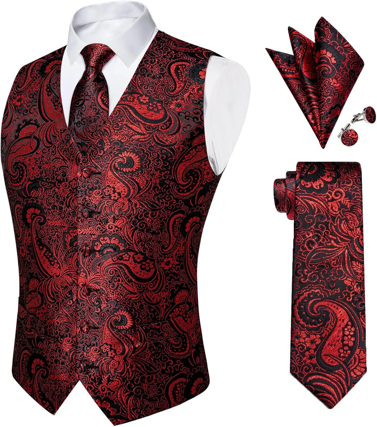DiBanGu Mens Paisley Suit Waistcoat Silk Dress Vest and Necktie Pocket Square Cufflinks for Wedding Party
