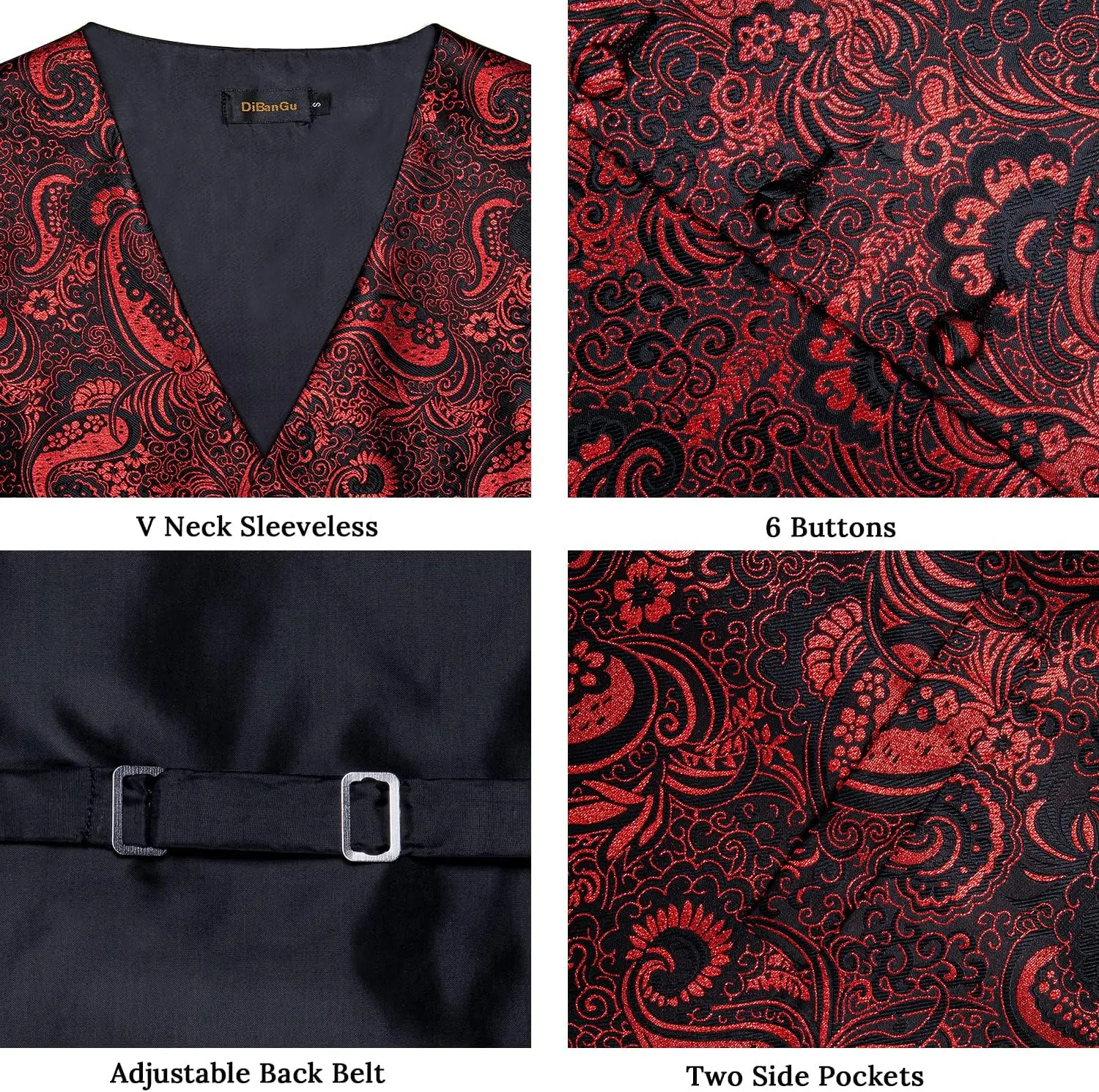 DiBanGu Mens Paisley Suit Waistcoat Silk Dress Vest and Necktie Pocket Square Cufflinks for Wedding Party