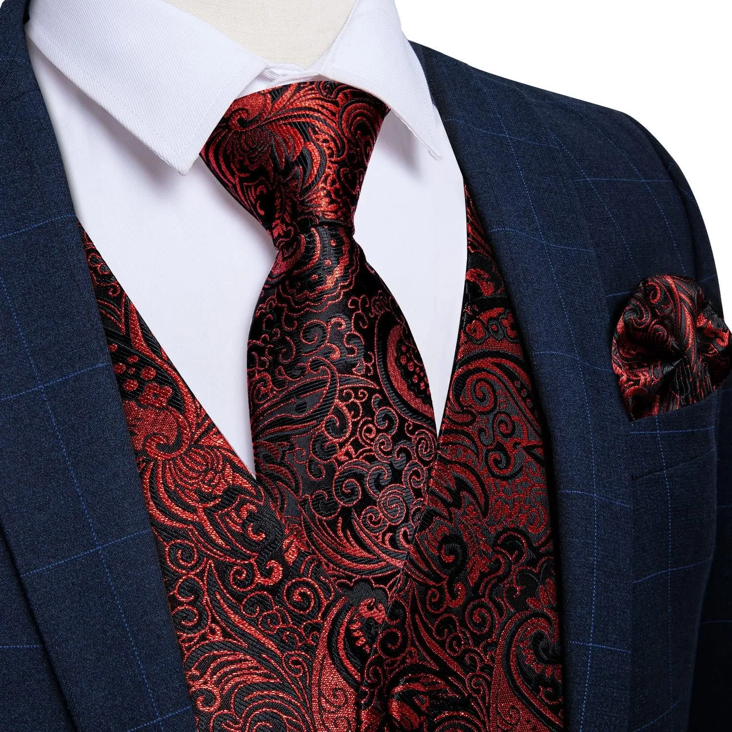 DiBanGu Mens Paisley Suit Waistcoat Silk Dress Vest and Necktie Pocket Square Cufflinks for Wedding Party