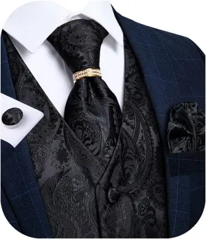 DiBanGu Men's Suit Vest Formal Men Paisley Vest Jacquard Tie Waistcoat Hanky Set With Tie Ring Wedding Party 5PCS