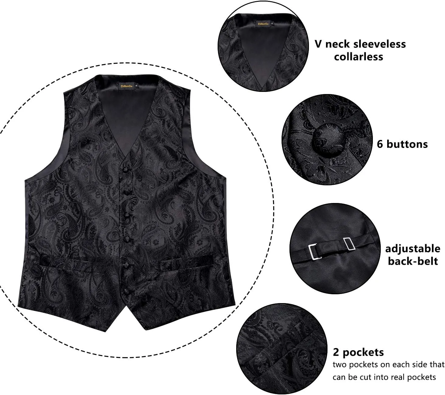 DiBanGu Men's Suit Vest Formal Men Paisley Vest Jacquard Tie Waistcoat Hanky Set With Tie Ring Wedding Party 5PCS