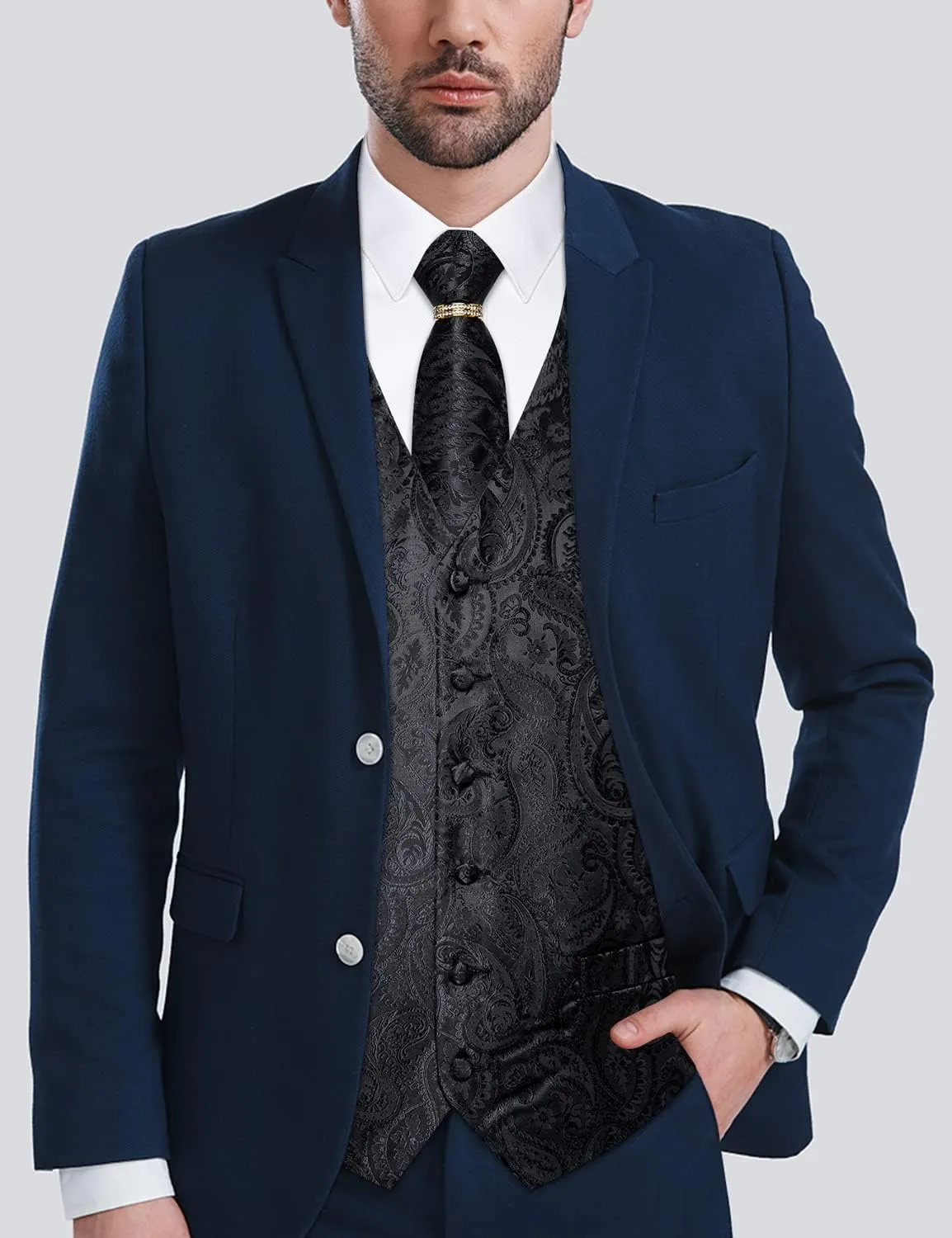 DiBanGu Men's Suit Vest Formal Men Paisley Vest Jacquard Tie Waistcoat Hanky Set With Tie Ring Wedding Party 5PCS
