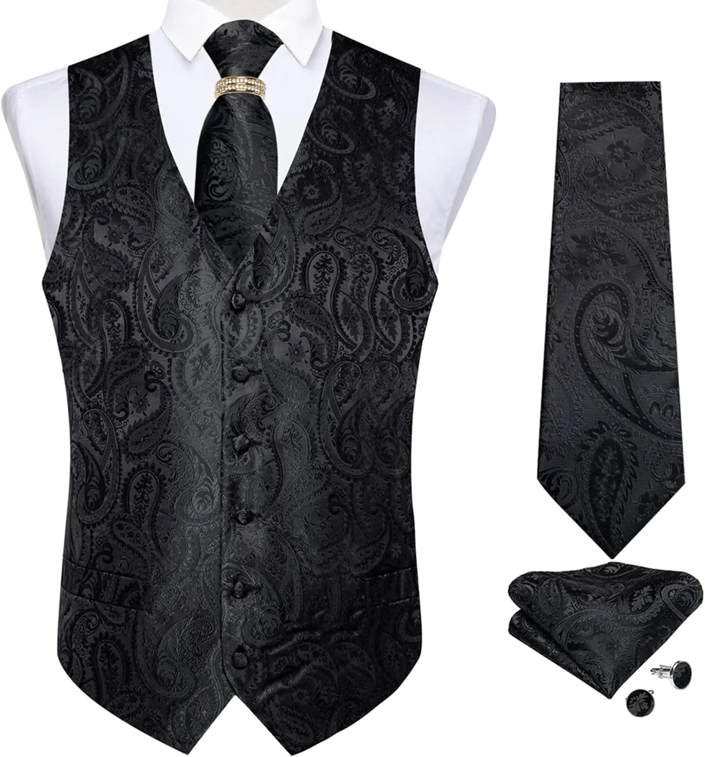 DiBanGu Men's Suit Vest Formal Men Paisley Vest Jacquard Tie Waistcoat Hanky Set With Tie Ring Wedding Party 5PCS