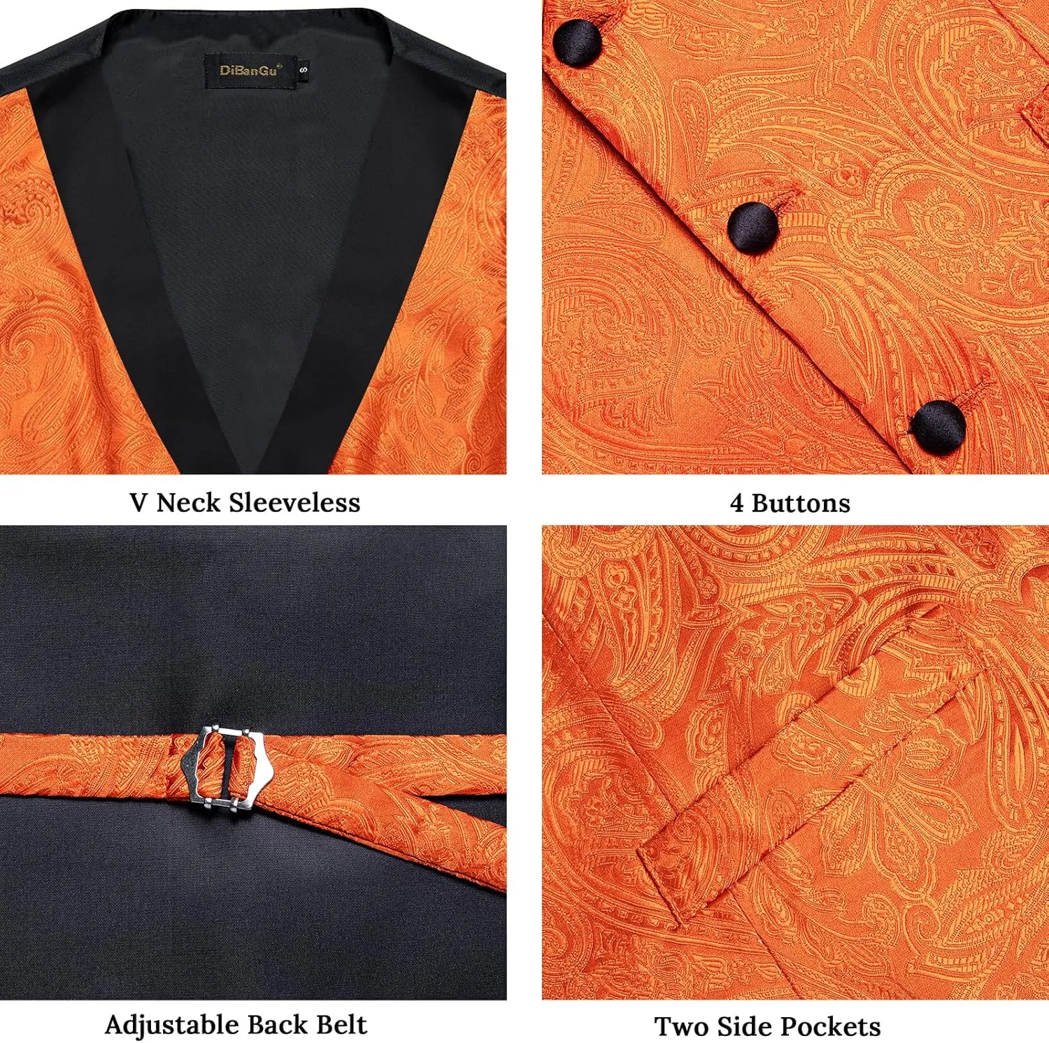 DiBanGu Mens Vest and Bowtie Set Silk Paisley Waistcoat and Bowtie Pocket Square Cufflinks with Lapel Pin for Wedding Party