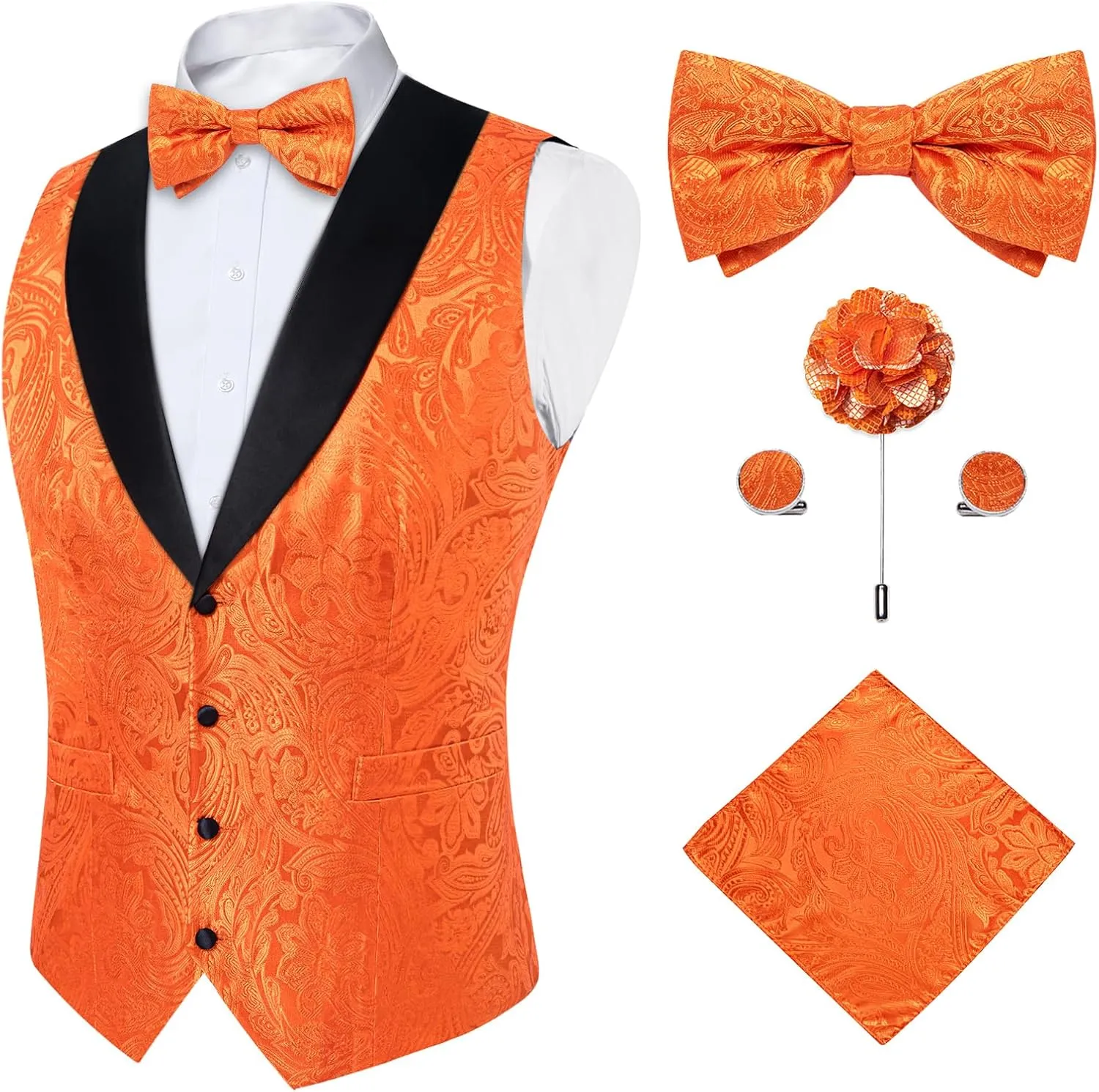DiBanGu Mens Vest and Bowtie Set Silk Paisley Waistcoat and Bowtie Pocket Square Cufflinks with Lapel Pin for Wedding Party