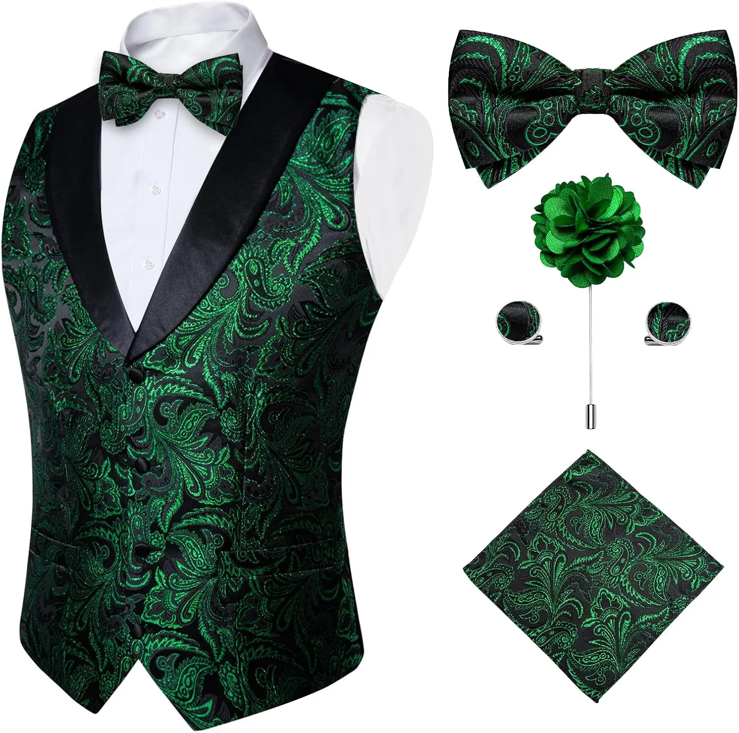 DiBanGu Mens Vest and Bowtie Set Silk Paisley Waistcoat and Bowtie Pocket Square Cufflinks with Lapel Pin for Wedding Party