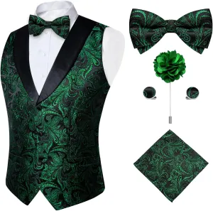 DiBanGu Mens Vest and Bowtie Set Silk Paisley Waistcoat and Bowtie Pocket Square Cufflinks with Lapel Pin for Wedding Party