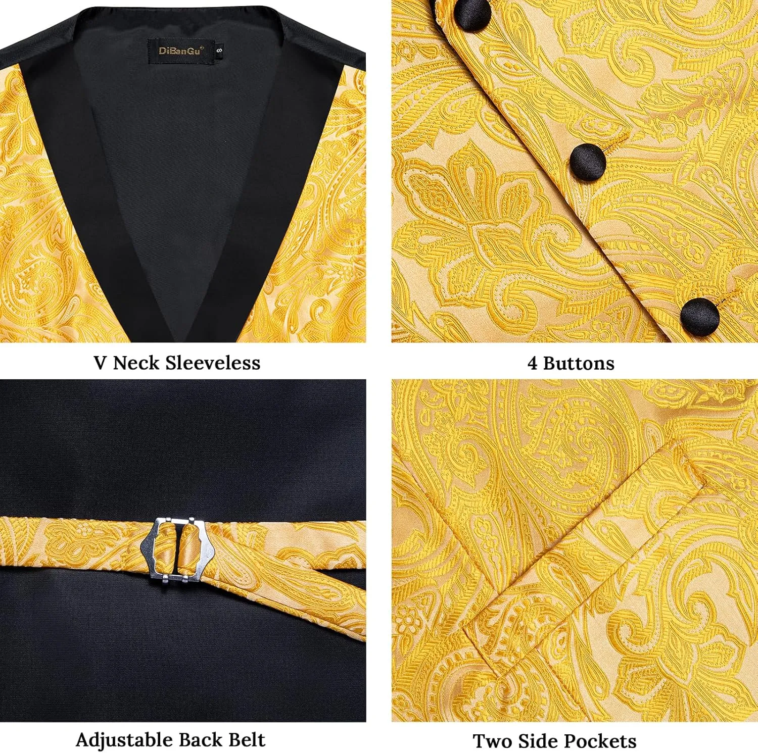 DiBanGu Mens Vest and Bowtie Set Silk Paisley Waistcoat and Bowtie Pocket Square Cufflinks with Lapel Pin for Wedding Party