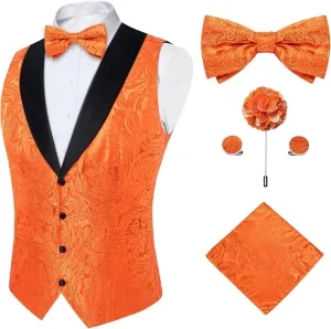 DiBanGu Mens Vest and Bowtie Set Silk Paisley Waistcoat and Bowtie Pocket Square Cufflinks with Lapel Pin for Wedding Party
