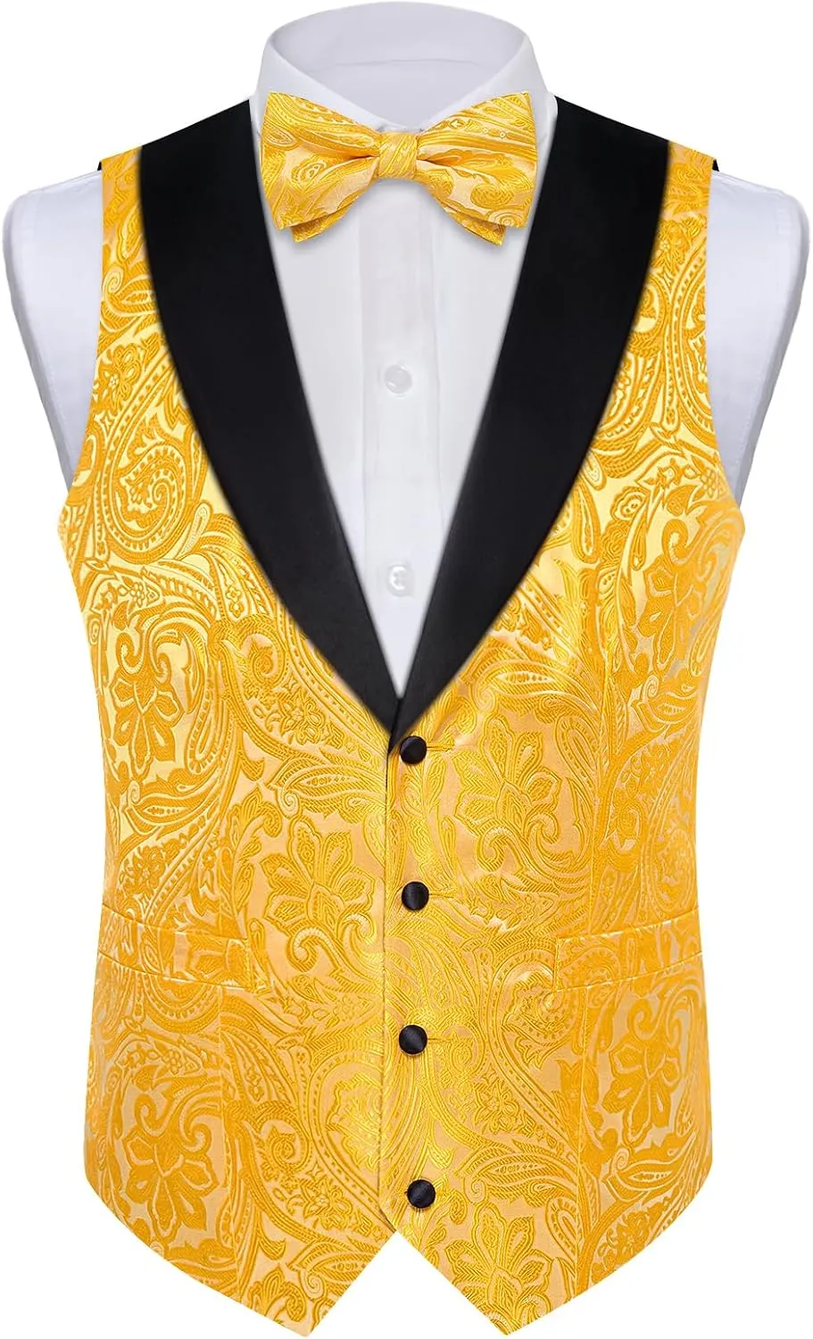 DiBanGu Mens Vest and Bowtie Set Silk Paisley Waistcoat and Bowtie Pocket Square Cufflinks with Lapel Pin for Wedding Party