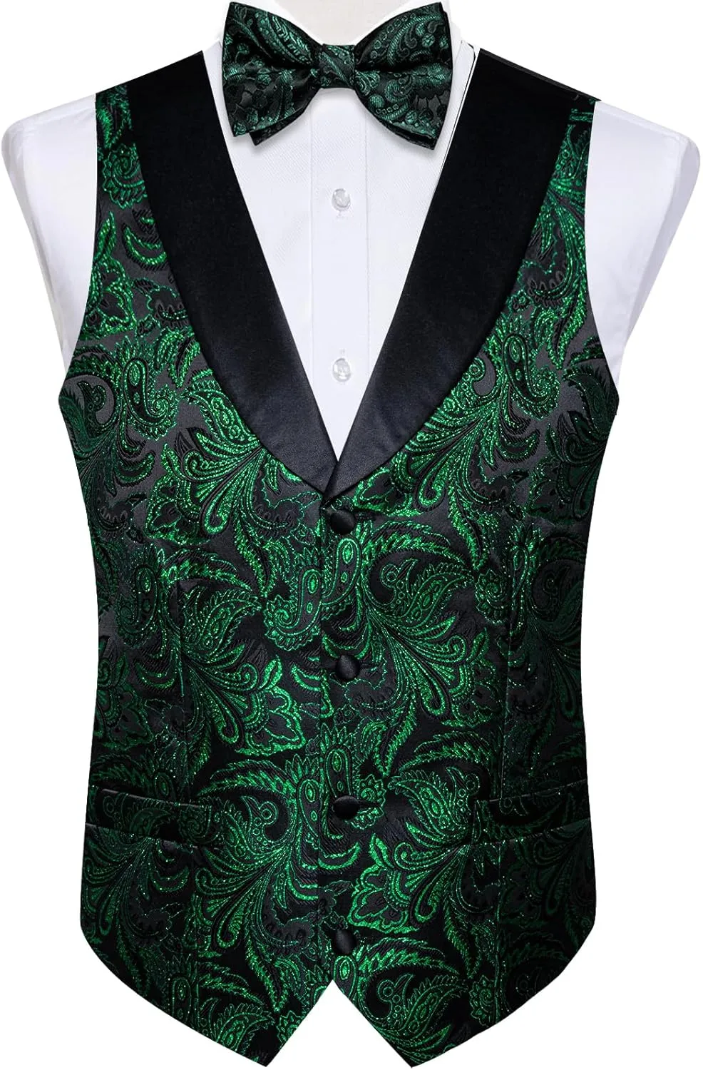 DiBanGu Mens Vest and Bowtie Set Silk Paisley Waistcoat and Bowtie Pocket Square Cufflinks with Lapel Pin for Wedding Party